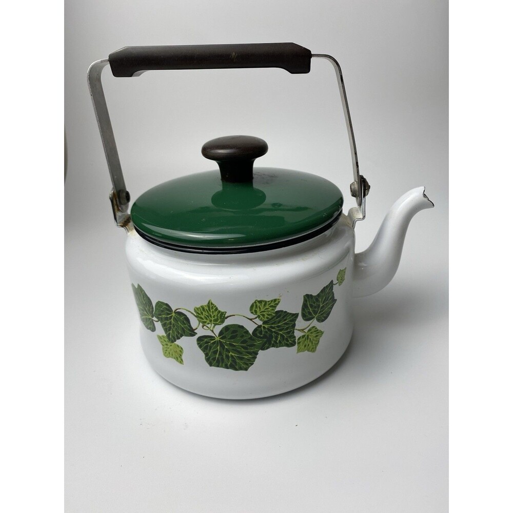 Vintage Porcelain Enamelware Ivy Pattern Tea Pot Kettle Cottage Kitchen Green - Picture 4 of 7